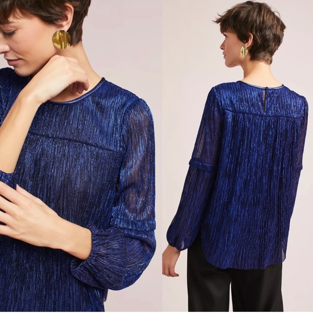 Anthropologie Blue Metallic Long Sleeve‎ Flowing Blouse, Size Small